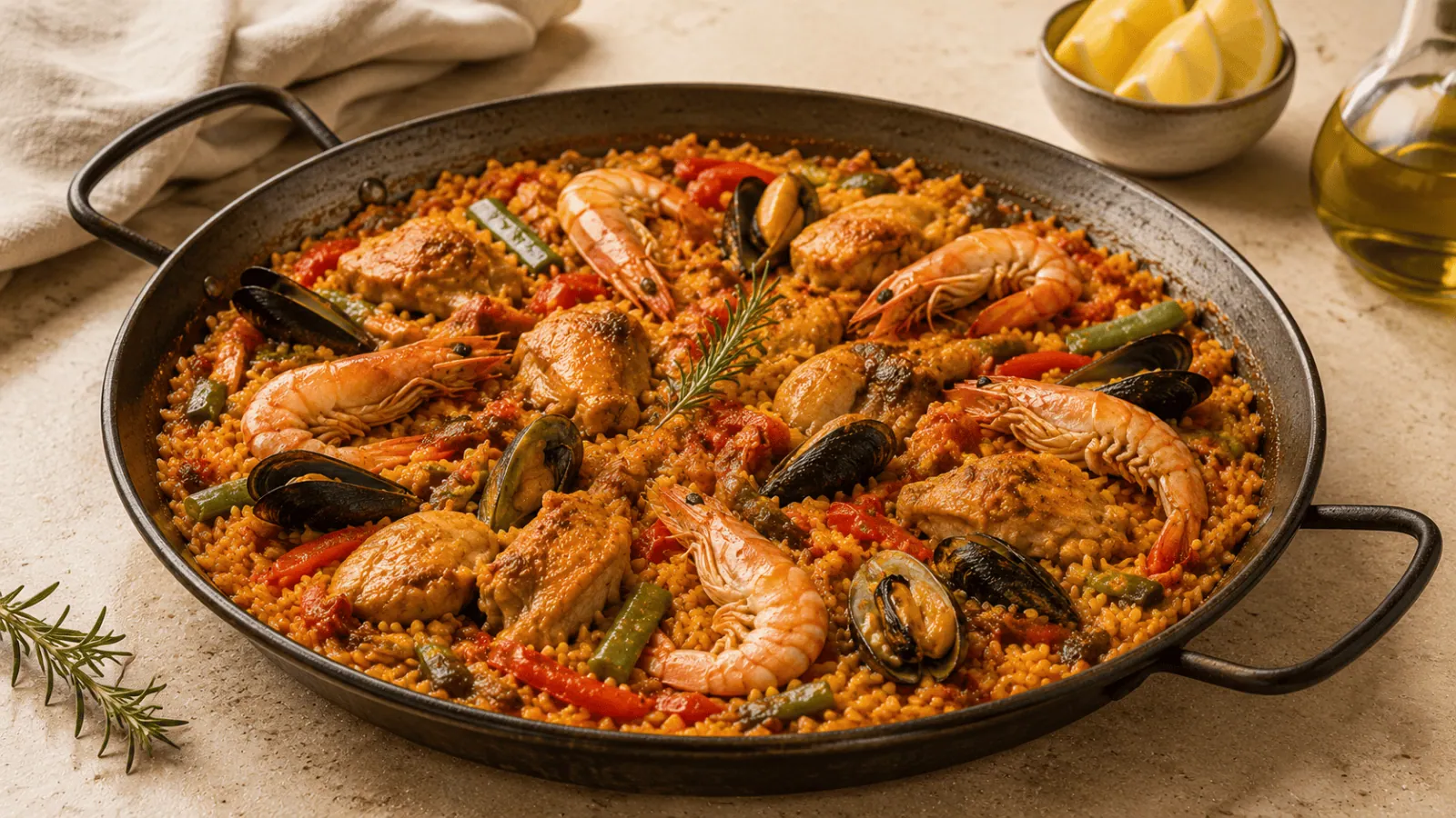 Paella valencienne traditionnelle au poulet, lapin, haricots verts et safran