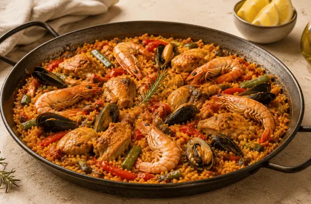 Paella valencienne traditionnelle au poulet, lapin, haricots verts et safran