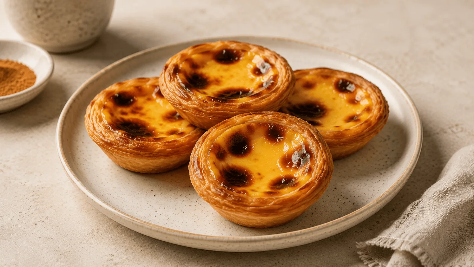 Pastéis de nata portugais dorés à la crème dans une assiette artisanale