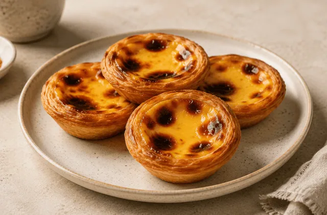 Pastéis de nata portugais dorés à la crème dans une assiette artisanale