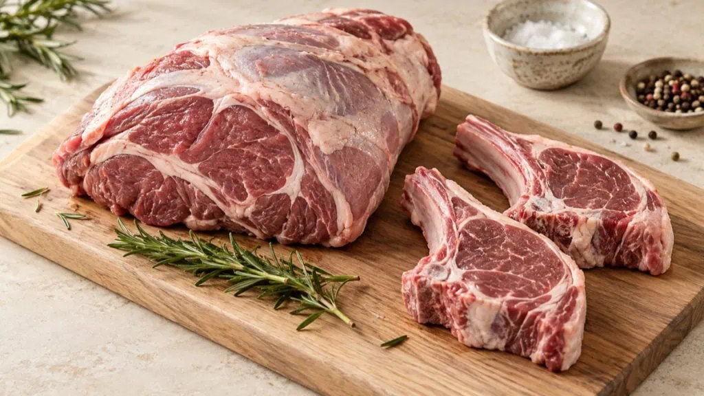 Morceaux d’agneau cru sur une planche avec du romarin