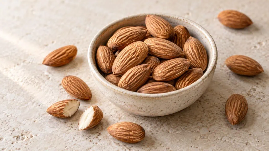 Amandes entières et coupées dans un bol en grès