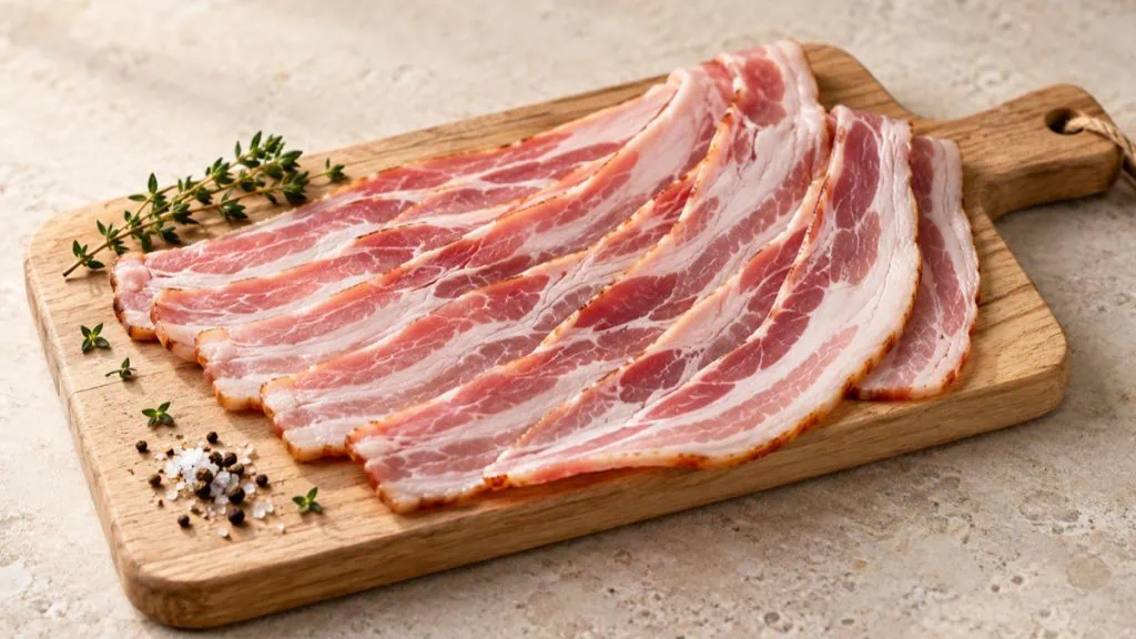 Tranches de bacon fumé cru disposées sur une planche