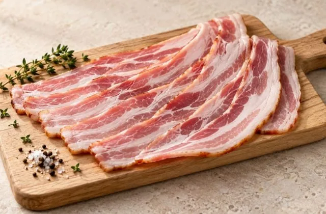 Tranches de bacon fumé cru disposées sur une planche