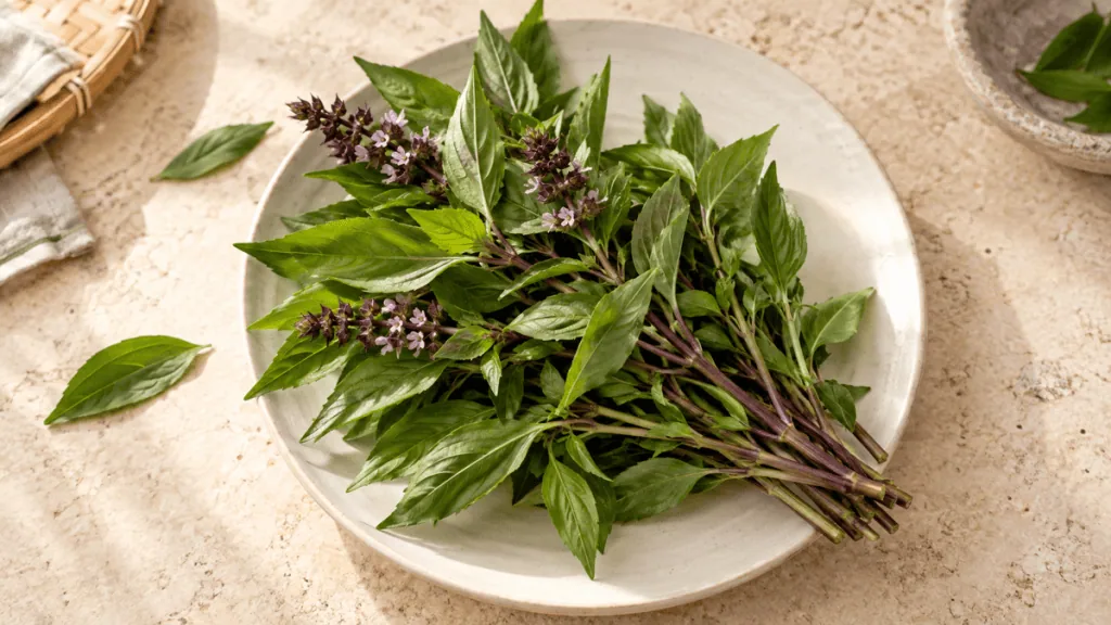 Bouquet de basilic thaï frais aux tiges violettes