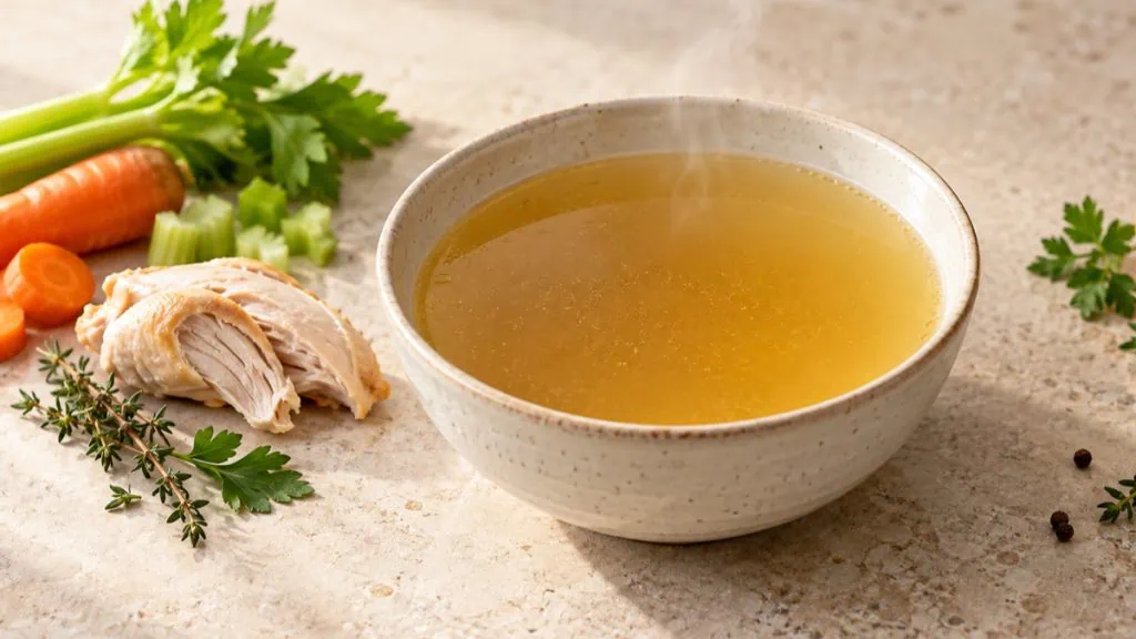 Bouillon de poulet doré avec légumes et morceau de volaille