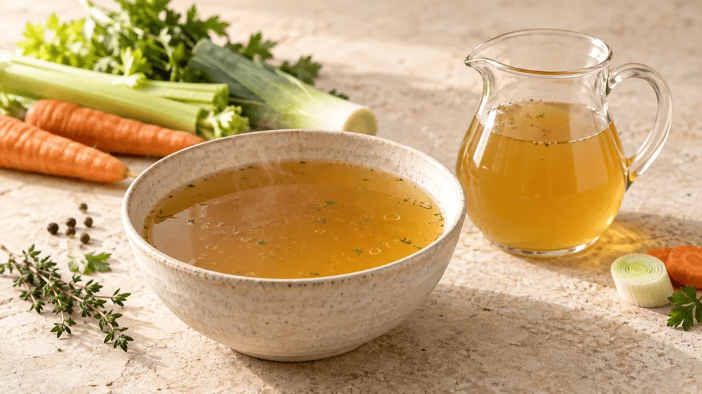 Bouillon de légumes doré dans un bol et un pichet