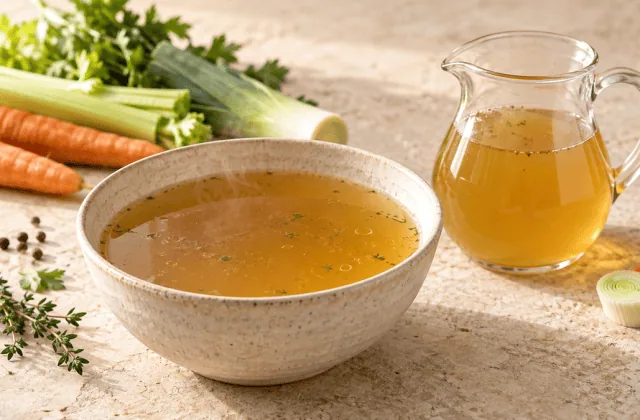 Bouillon de légumes doré dans un bol et un pichet