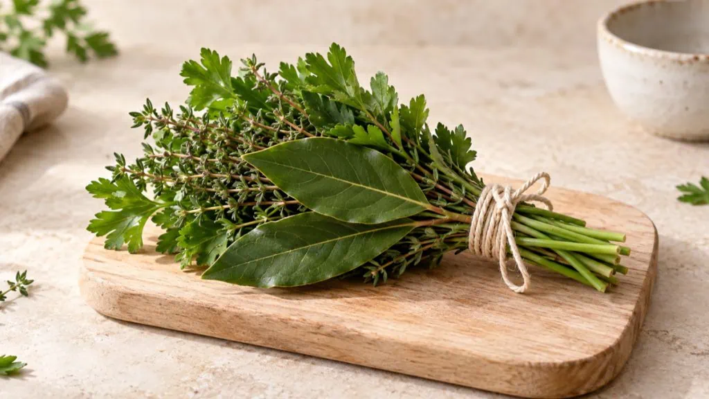 Bouquet garni de thym, laurier et persil lié avec une ficelle