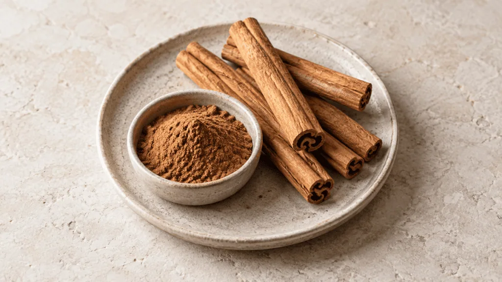 Bâtons et poudre de cannelle sur une assiette en grès