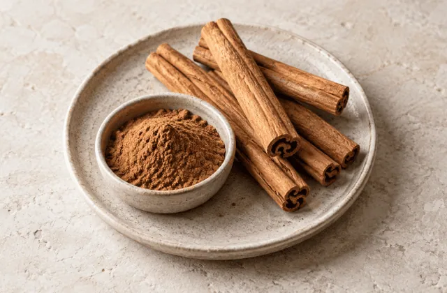 Bâtons et poudre de cannelle sur une assiette en grès