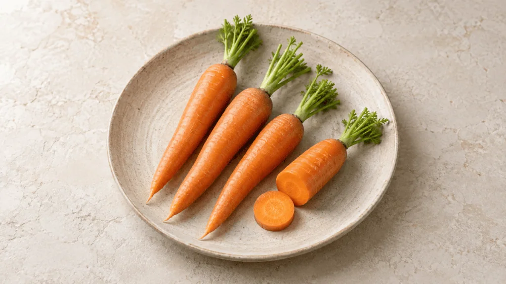 Carottes fraîches entières et coupées sur une assiette en grès