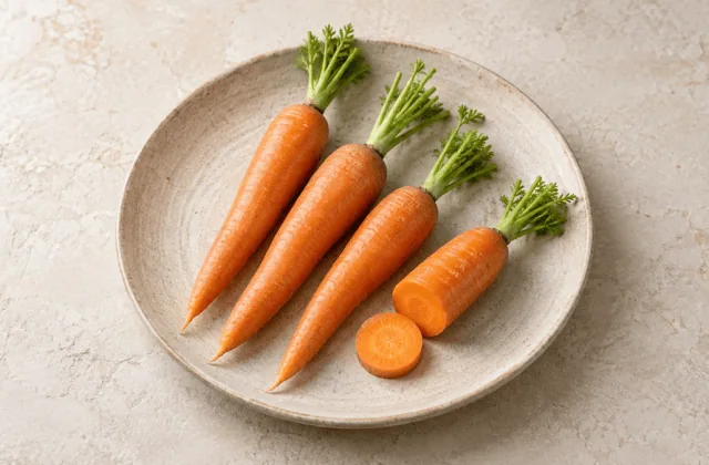 Carottes fraîches entières et coupées sur une assiette en grès