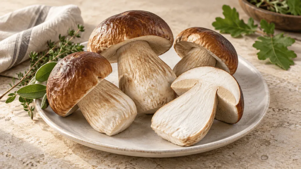 Cèpes frais entiers et coupés sur une assiette en céramique