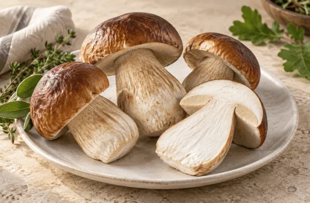 Cèpes frais entiers et coupés sur une assiette en céramique