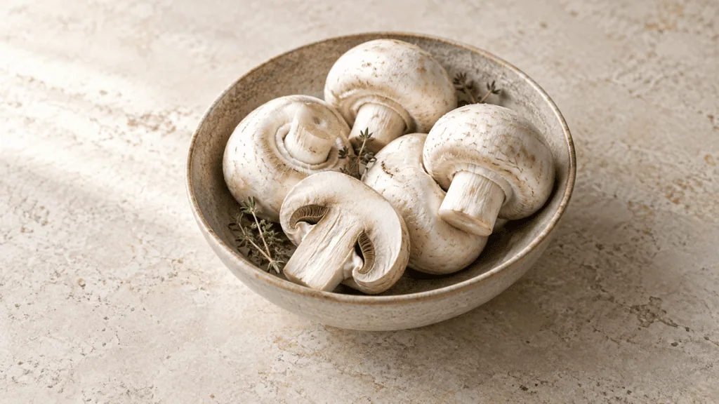 Champignons de Paris frais dans un bol en grès