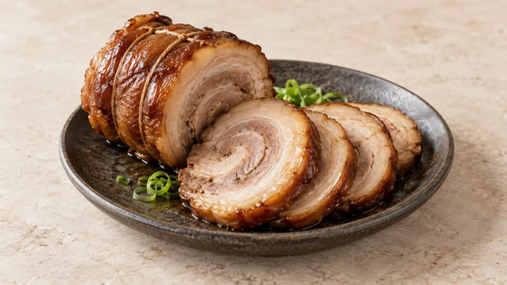 Chashu japonais tranché sur une assiette en céramique