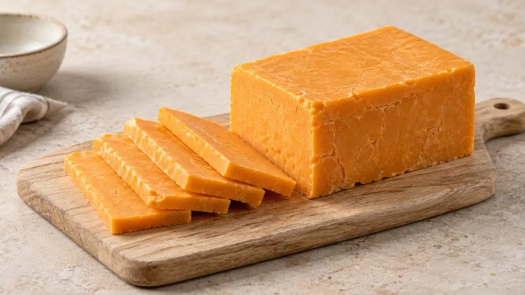 Bloc de cheddar affiné et tranches sur une planche en bois