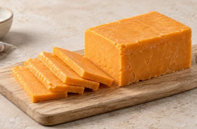 Bloc de cheddar affiné et tranches sur une planche en bois