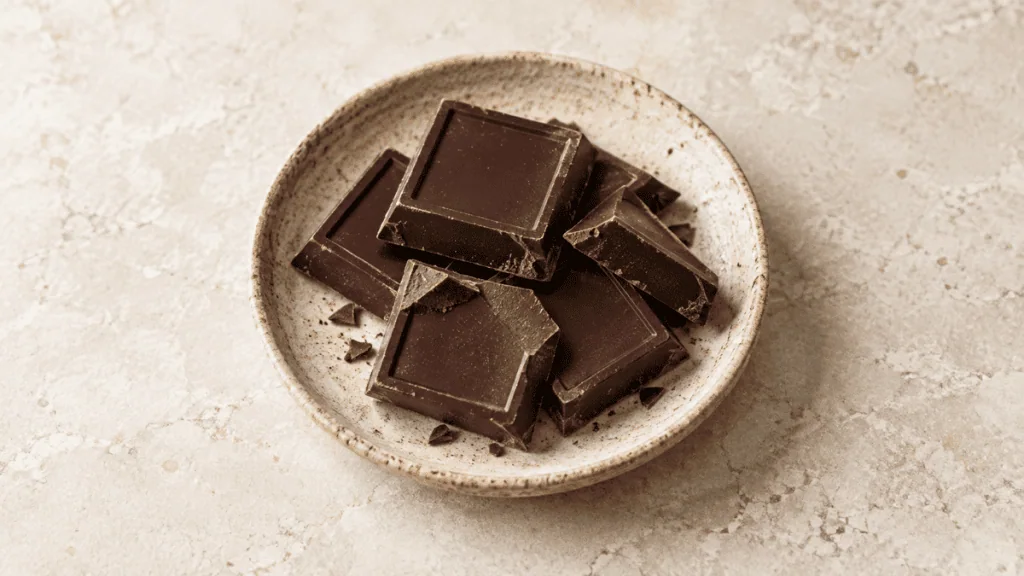 Carrés de chocolat noir sur une assiette en grès
