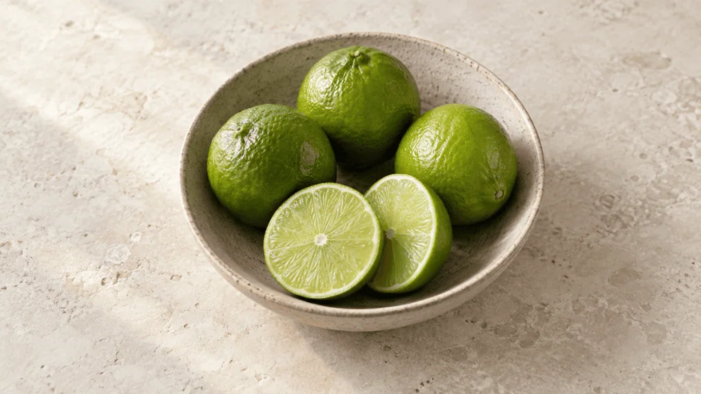 Citrons verts frais entiers et coupés dans un bol en grès