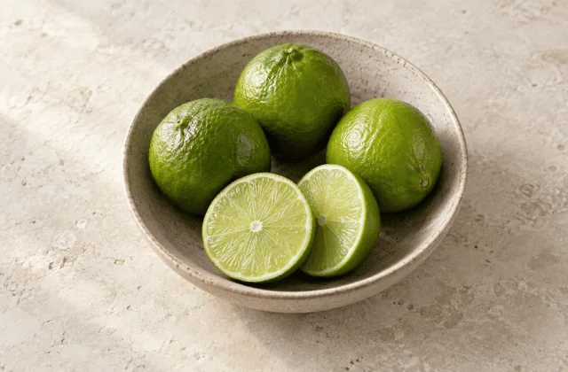 Citrons verts frais entiers et coupés dans un bol en grès