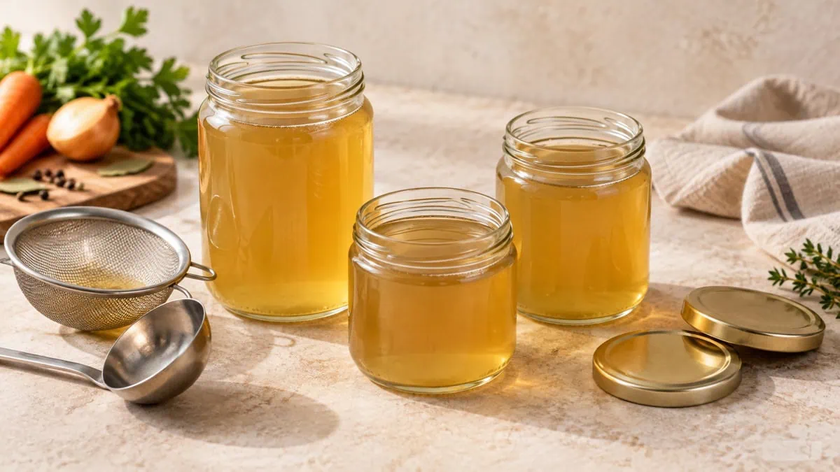 Bouillon maison doré et limpide conservé dans trois bocaux en verre