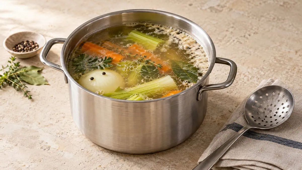 Bouillon de légumes frémissant doucement dans une marmite en inox