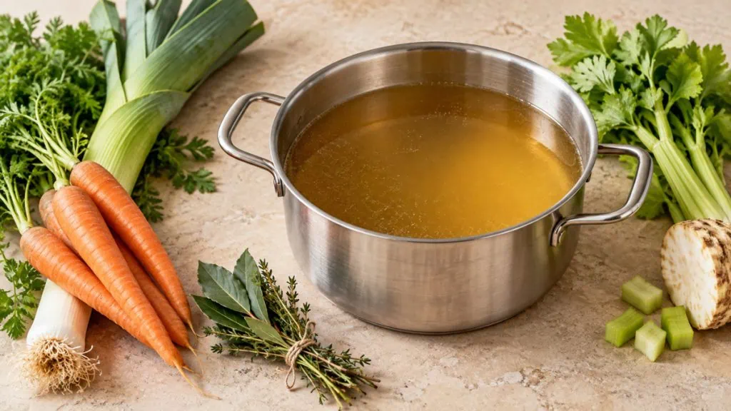 Bouillon maison doré avec carotte, poireau, céleri et bouquet garni