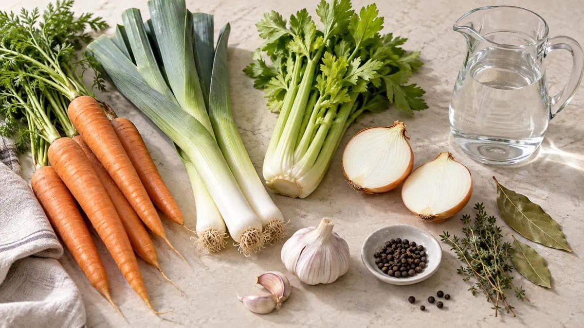 Carottes, poireaux, céleri, oignon et aromates pour préparer un bouillon