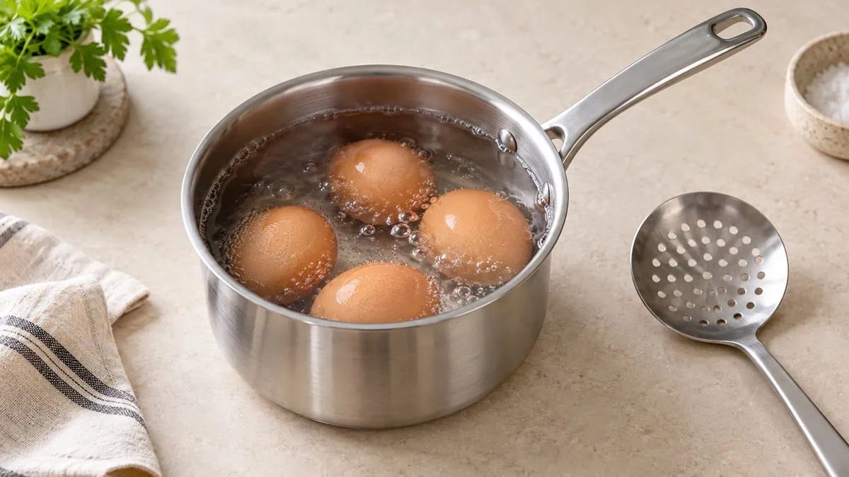 Œufs dans leur coquille cuisant dans une casserole d’eau frémissante