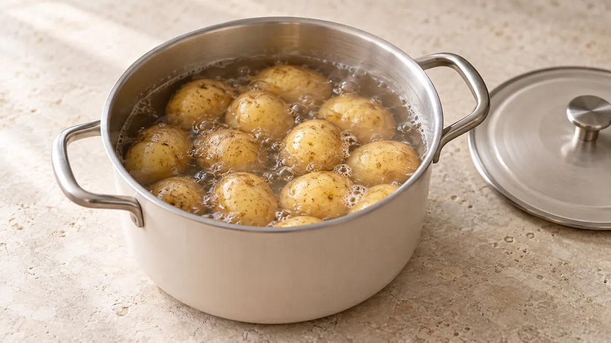 Petites pommes de terre à chair ferme cuisant dans une casserole d’eau