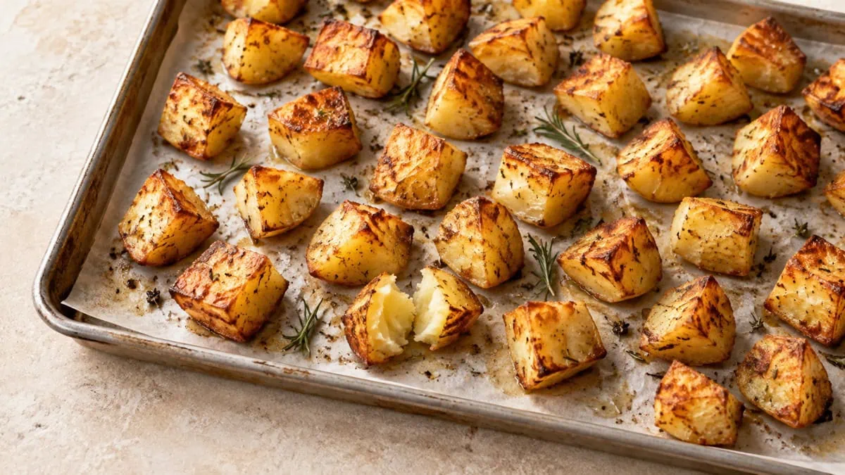 Cubes de pommes de terre dorés et croustillants sur une plaque de cuisson
