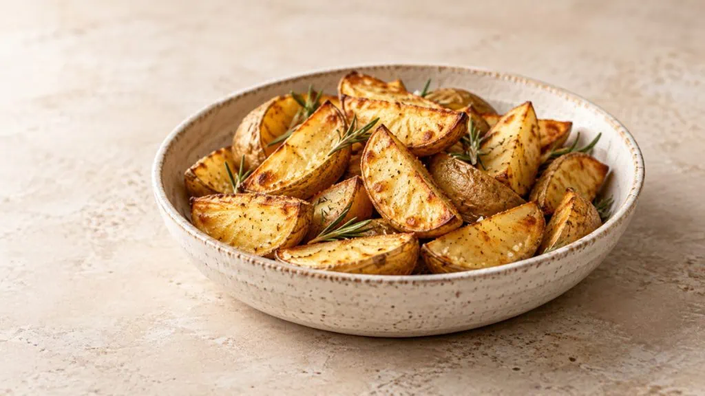 Quartiers de pommes de terre rôtis et dorés dans un plat en grès