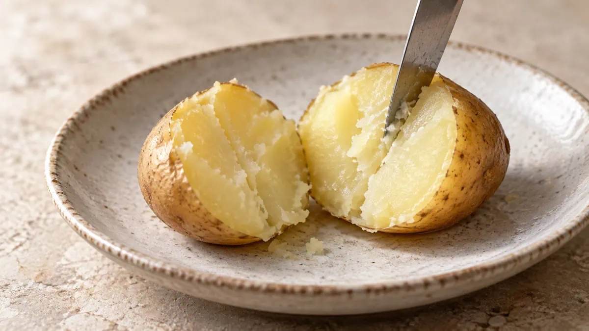 Pomme de terre cuite ouverte montrant un cœur tendre testé avec une lame