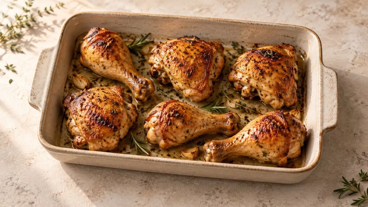 Cuisses et pilons de poulet rôtis dans un plat en grès