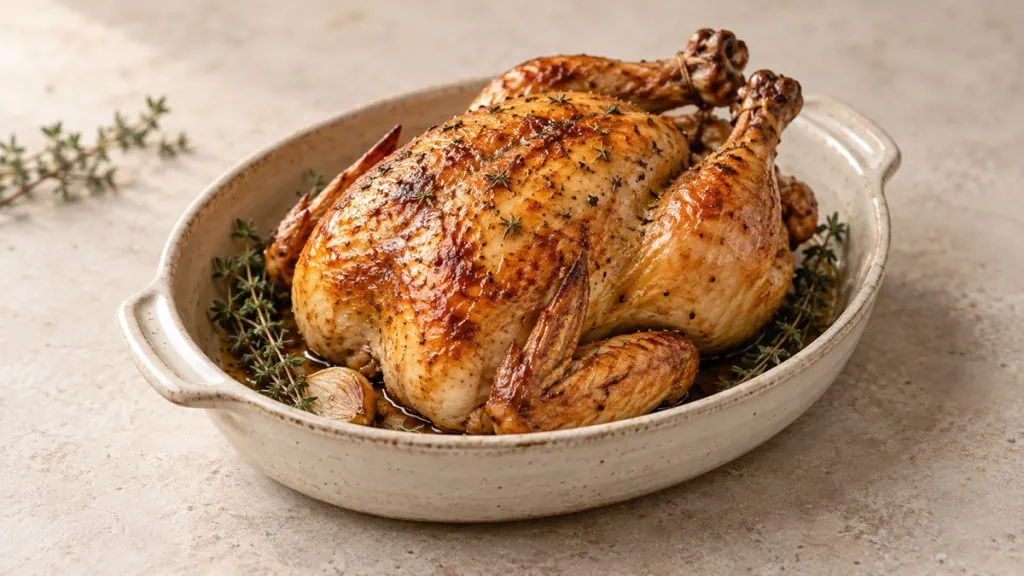 Poulet entier rôti et doré dans un plat en grès