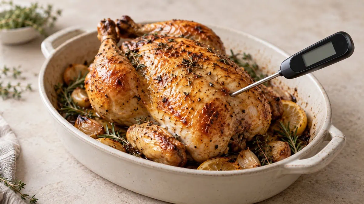 Sonde de cuisson placée dans la partie épaisse d’un poulet rôti