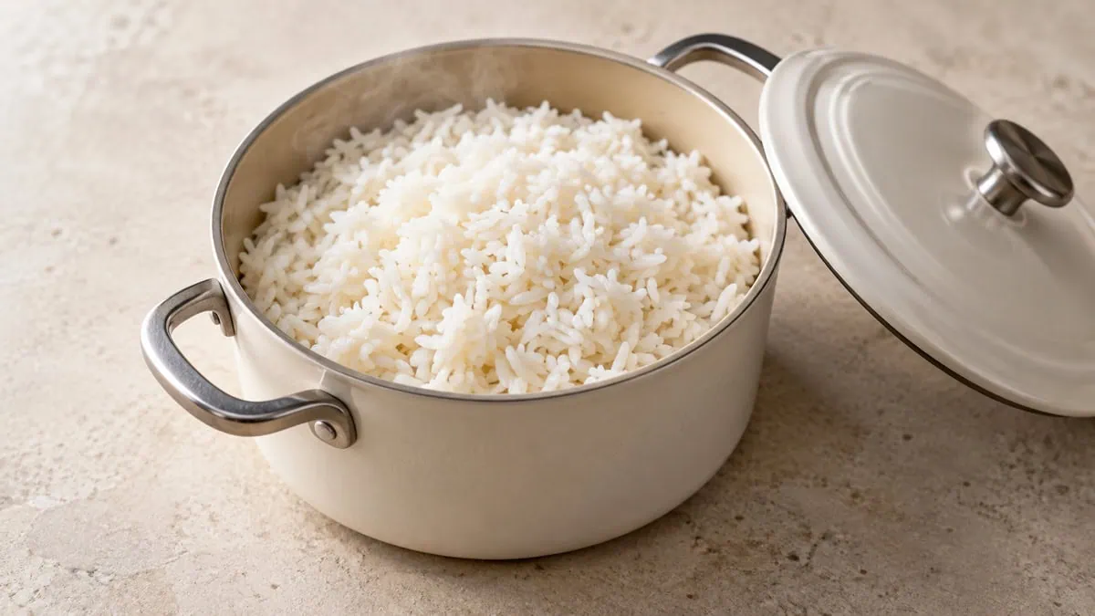 Riz blanc cuit par absorption dans une casserole avec son couvercle