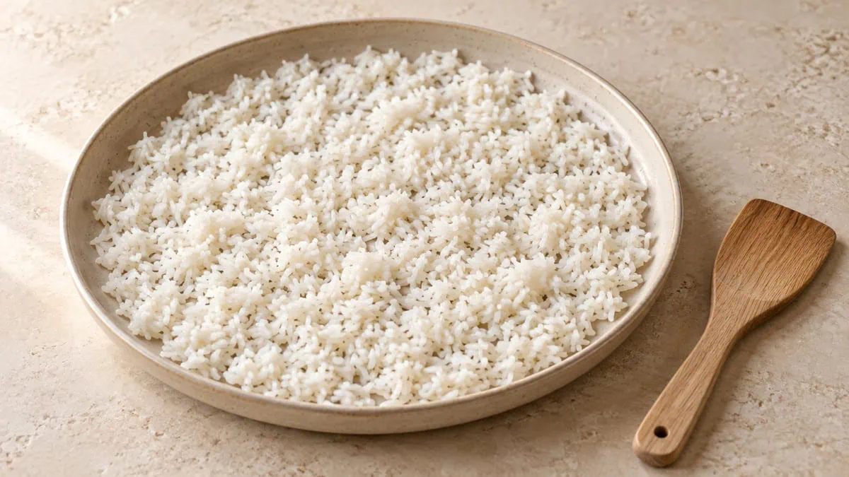 Riz cuit étalé en couche fine dans un plat peu profond