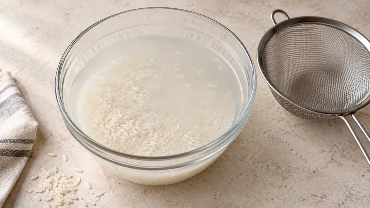 Riz cru rincé dans un bol d’eau légèrement trouble avec une passoire