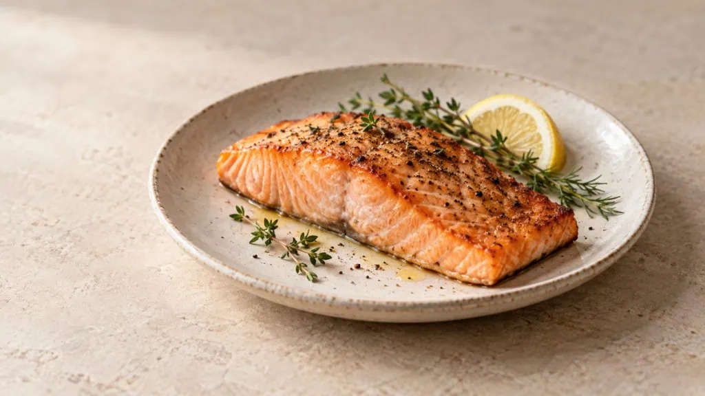 Pavé de saumon rôti et doré dans une assiette en grès