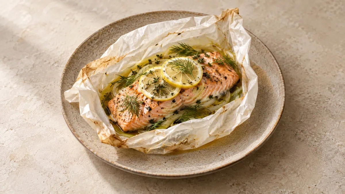Pavé de saumon cuit en papillote avec citron et herbes