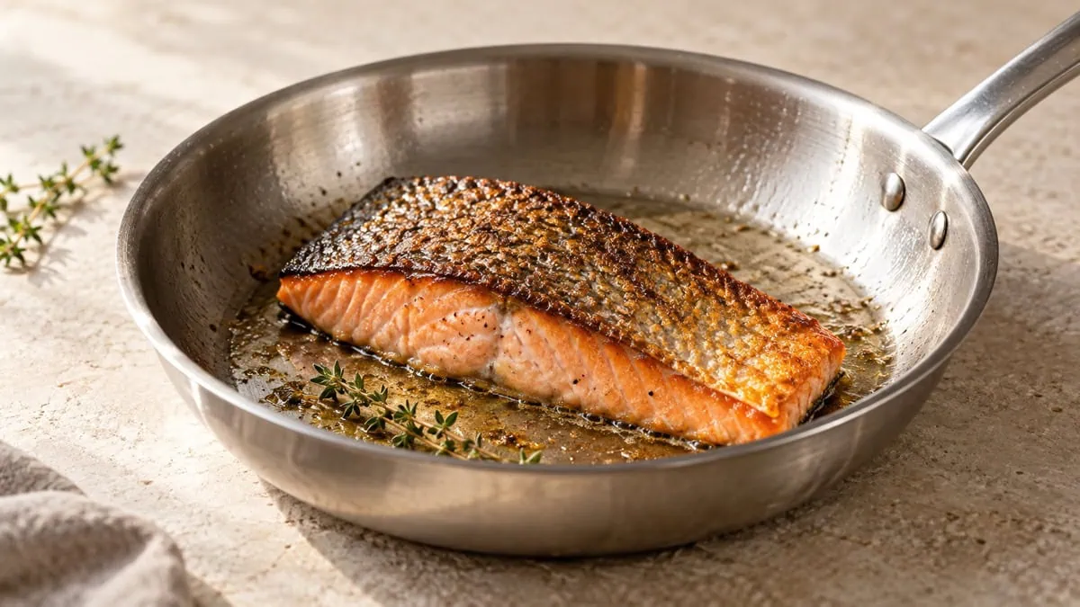 Pavé de saumon cuit côté peau dans une poêle en inox