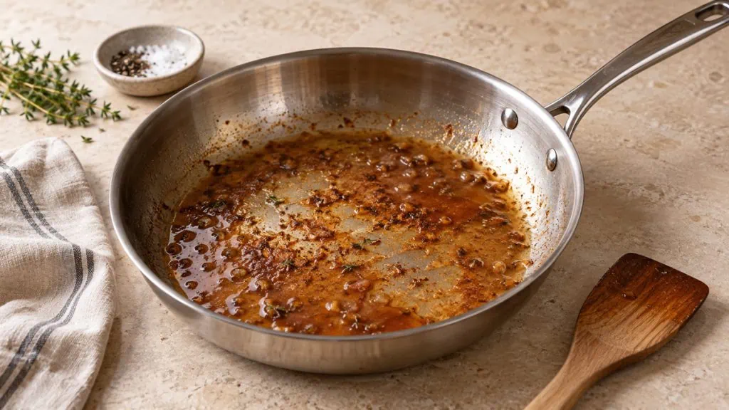 Sucs de cuisson déglacés dans une poêle en inox