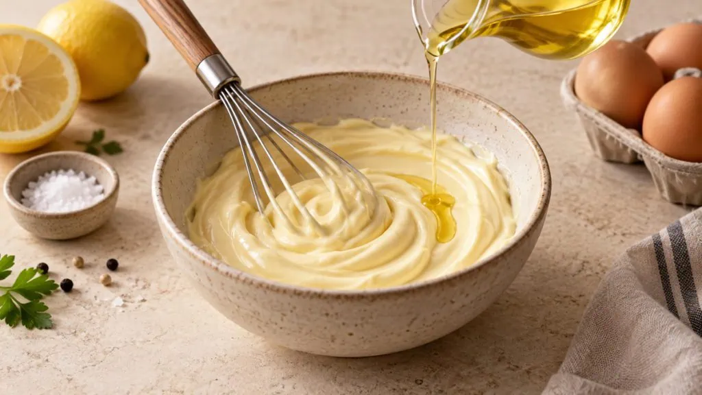 Mayonnaise maison lisse montée au fouet dans un bol en grès