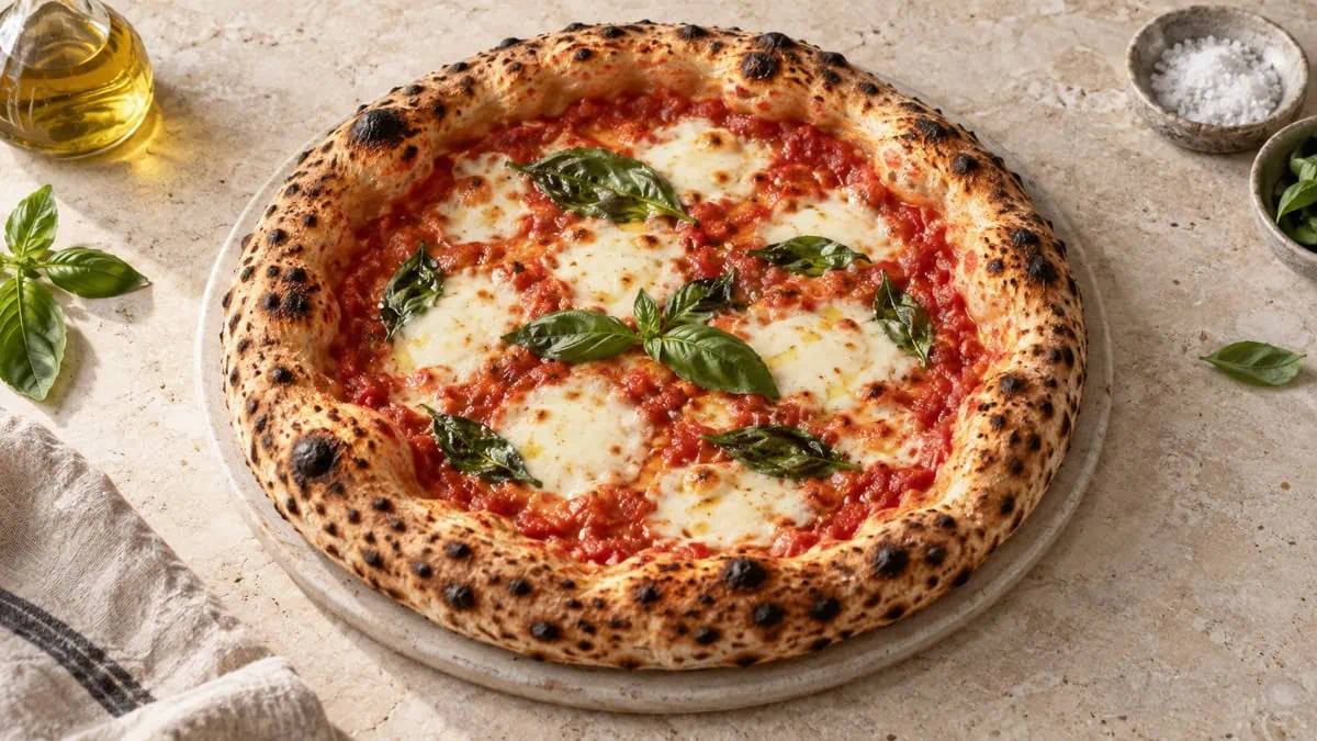 Pizza Margherita maison avec une corniche gonflée et alvéolée