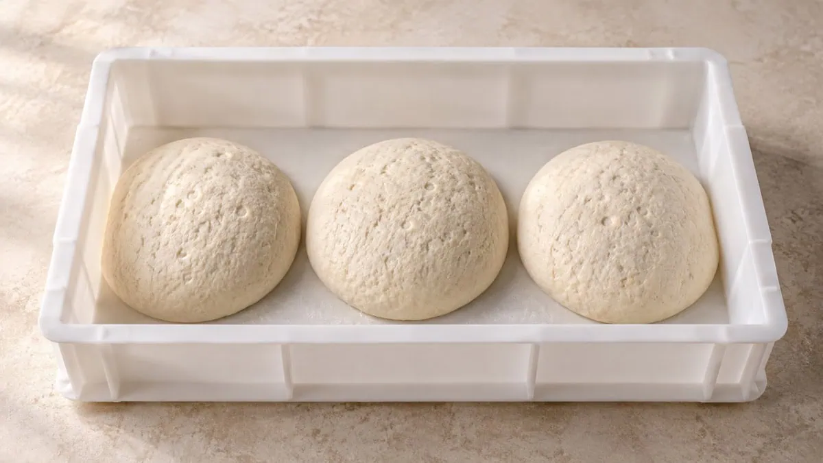 Trois pâtons de pizza gonflés après fermentation