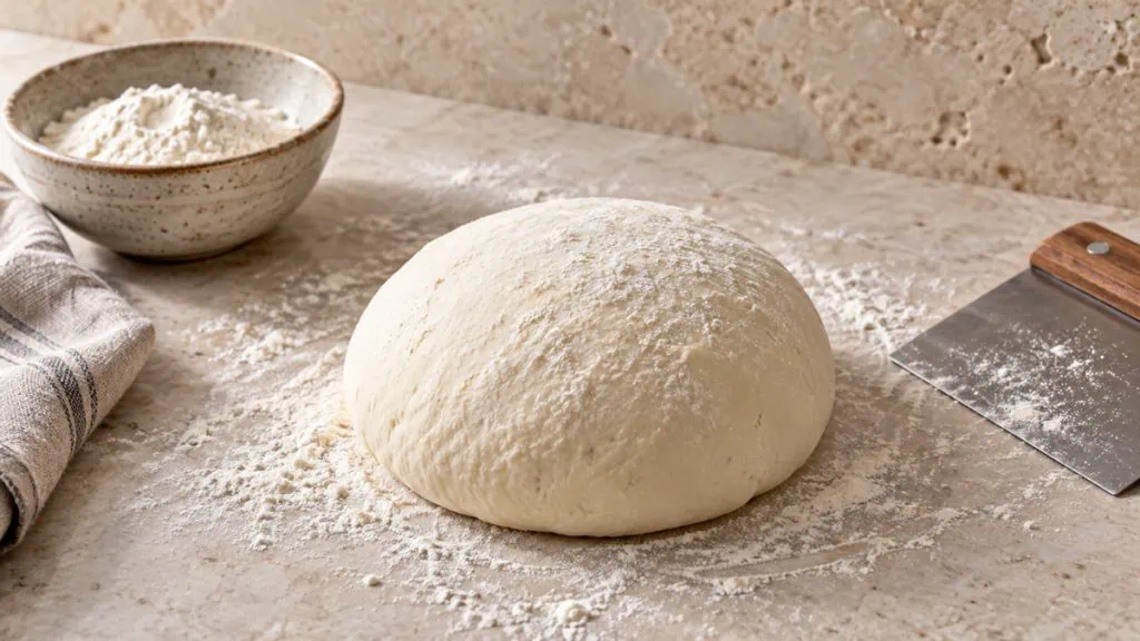 Boule de pâte à pizza fermentée sur un plan de travail fariné