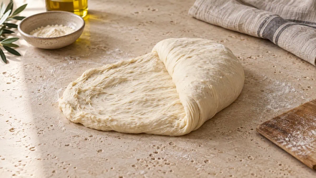 Pâte à pizza étirée et repliée pendant les rabats